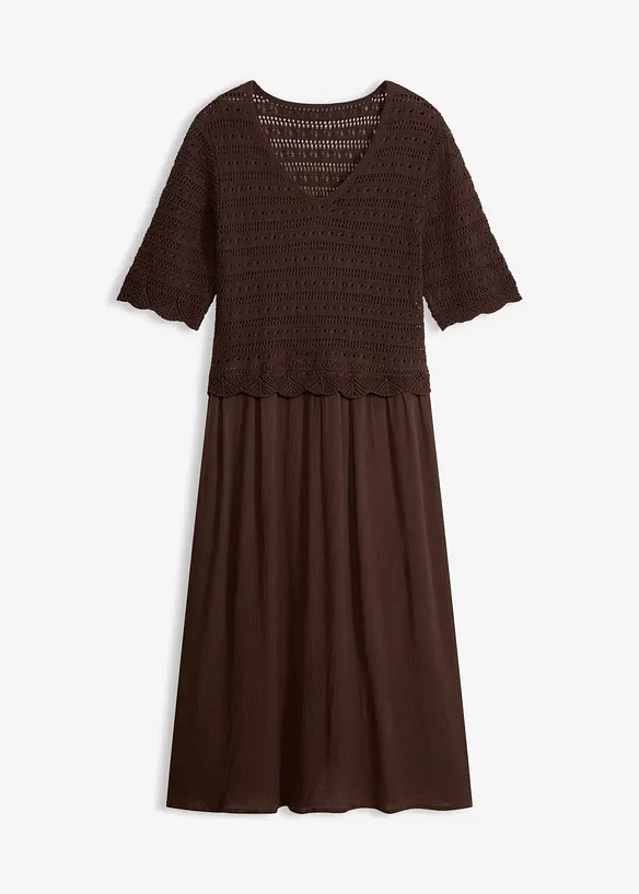 Kleid mit integriertem Ajourstrick-Oberteil in braun von vorne - bonprix Kleid mit integriertem Ajourstrick-Oberteil in braun von vorne - bonprix
