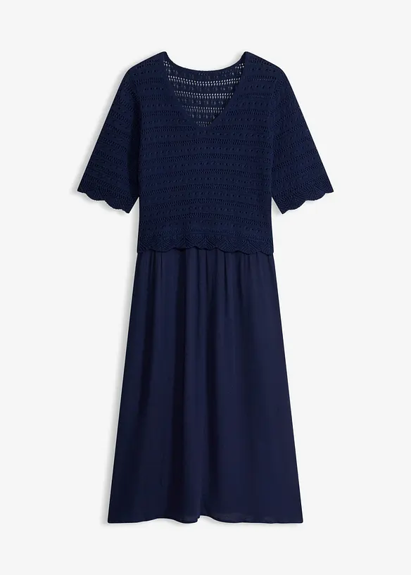 Kleid mit integriertem Ajourstrick-Oberteil in blau von vorne - bonprix Kleid mit integriertem Ajourstrick-Oberteil in blau von vorne - bonprix