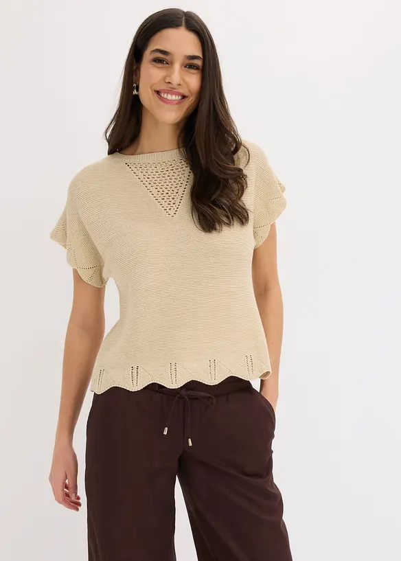 Kurzarm Pullover mit Glitzergarn in beige von vorne (im Anschnitt) - bonprix
