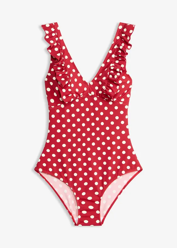 Badeanzug mit Volants in rot von vorne - bonprix