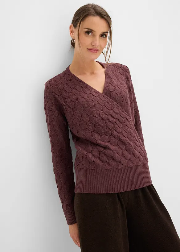 Ajour-Pullover in Wickeloptik in lila von vorne (im Anschnitt) - bonprix