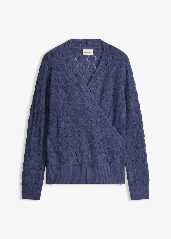 Ajour-Pullover in Wickeloptik in blau von vorne - bonprix