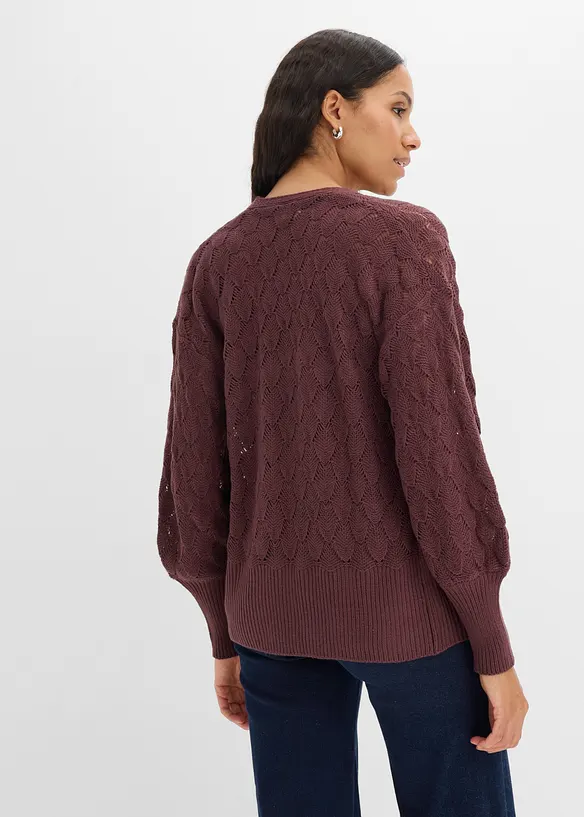 Ajour-Strickjacke in lila von hinten (im Anschnitt) - bonprix