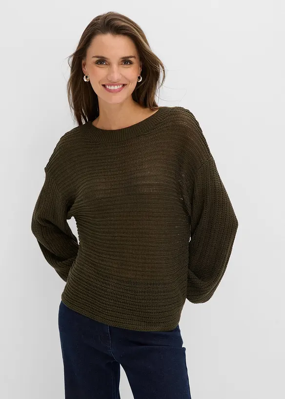 Oversize Lochstrick-Pullover in grün von vorne (im Anschnitt) - bonprix