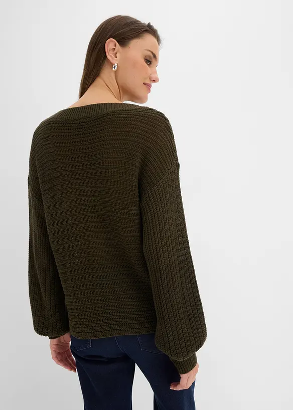 Oversize Lochstrick-Pullover in grün von hinten (im Anschnitt) - bonprix