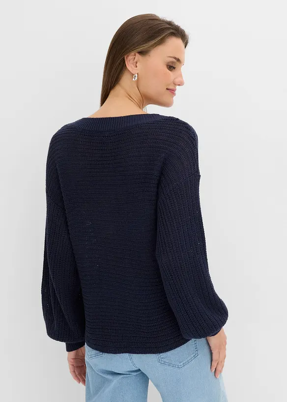 Oversize Lochstrick-Pullover in blau von hinten (im Anschnitt) - bonprix