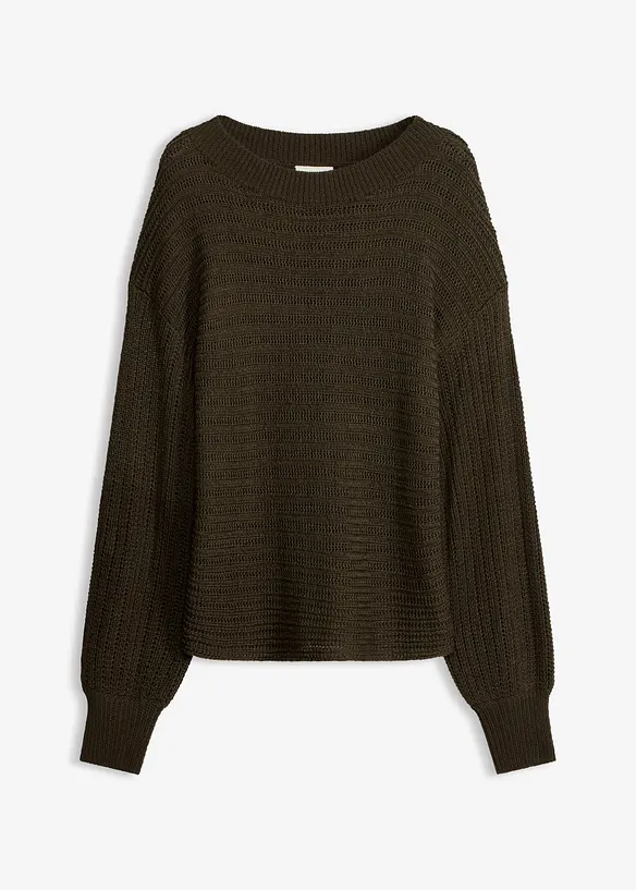 Oversize Lochstrick-Pullover in grün von vorne - bonprix