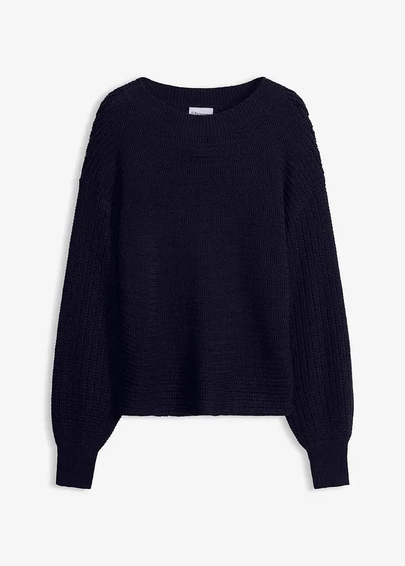 Oversize Lochstrick-Pullover in blau von vorne - bonprix