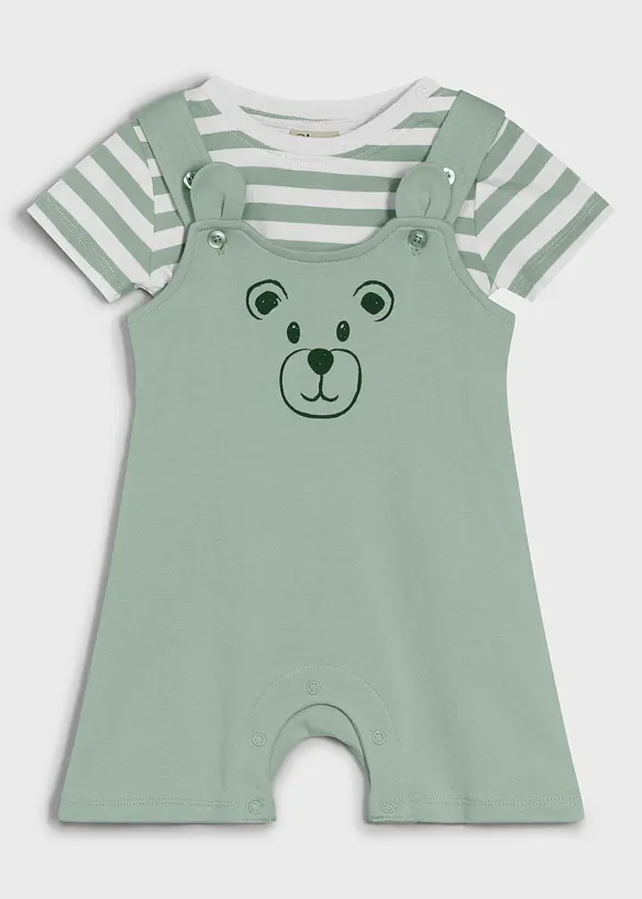 Baby T-Shirt und Latzshorts aus reiner Bio-Baumwolle (2-tlg. Set) in grün von vorne - bonprix