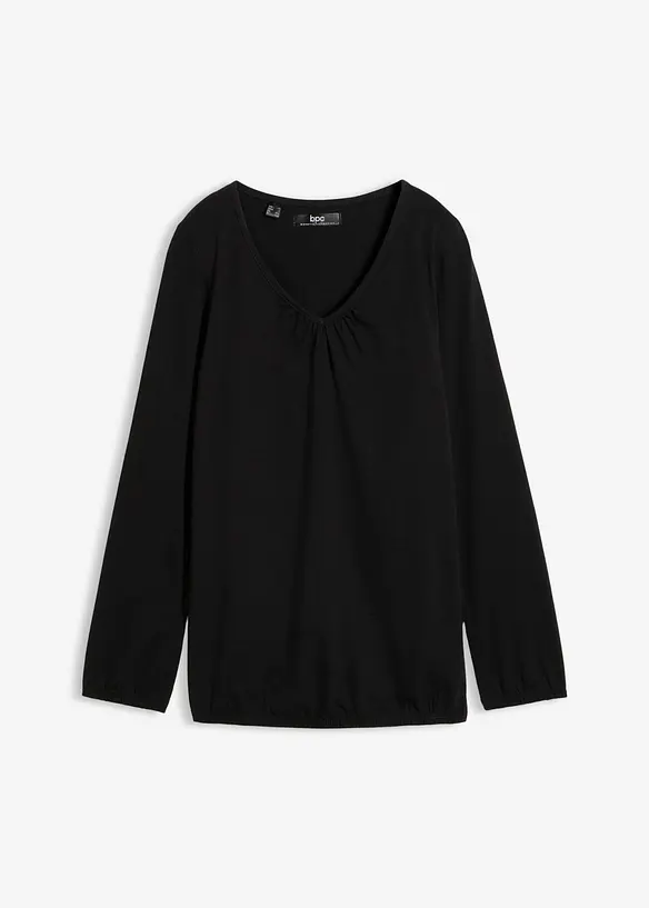Langarmshirt mit Gummizug aus reiner Baumwolle in schwarz von vorne - bonprix