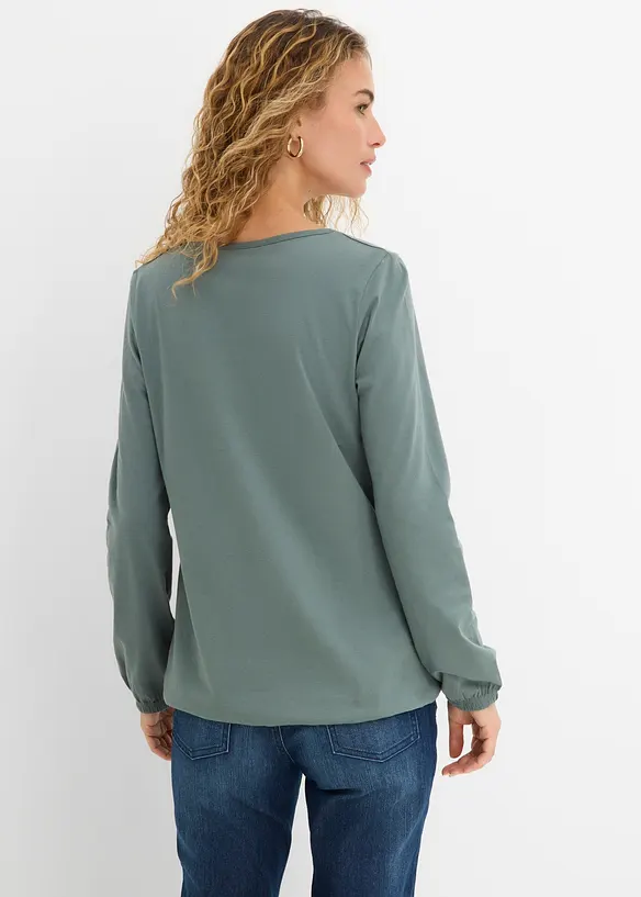 Langarmshirt mit Gummizug aus reiner Baumwolle in grün von hinten (im Anschnitt) - bonprix