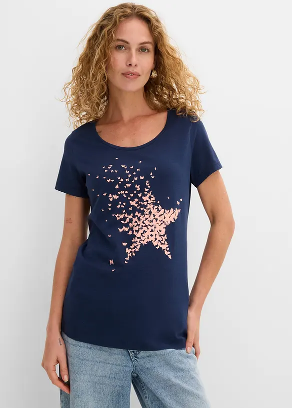 Flammgarn-Shirt aus Bio-Baumwolle, kurzarm in blau von vorne (im Anschnitt) - bonprix
