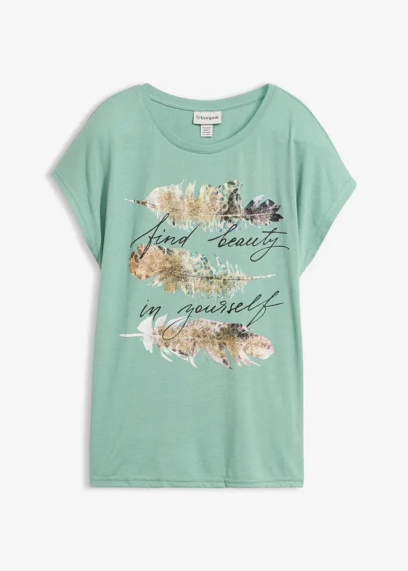 T-Shirt mit Glitzerdruck in grün von vorne - bonprix