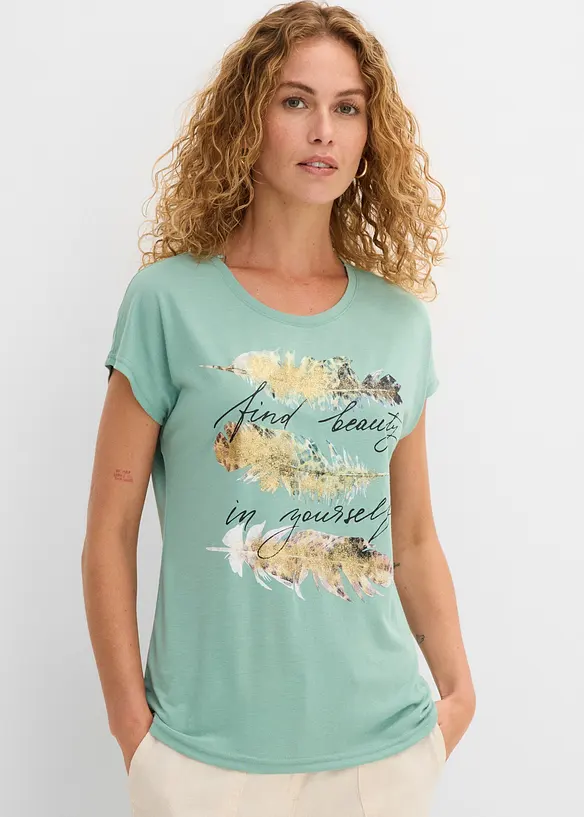 T-Shirt mit Glitzerdruck in grün von vorne (im Anschnitt) - bonprix