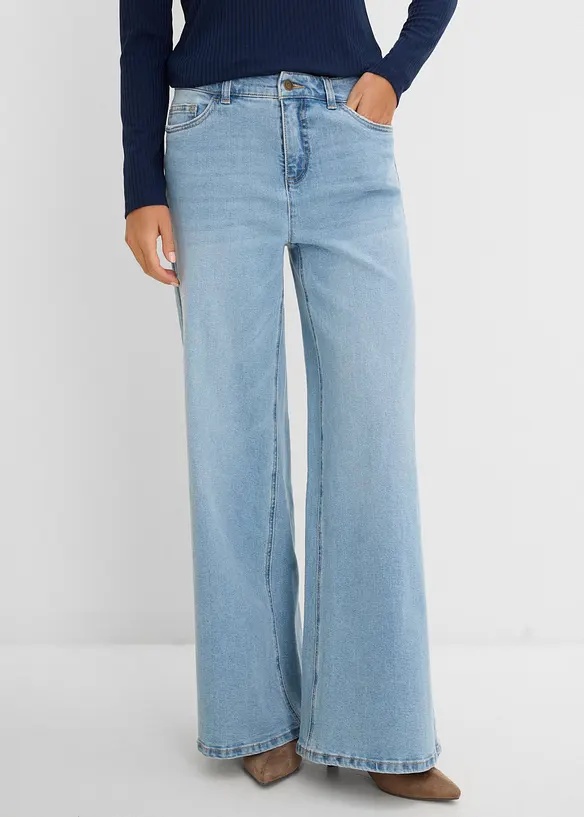 Wide-Leg-Jeans Mid Waist in blau von vorne - bonprix