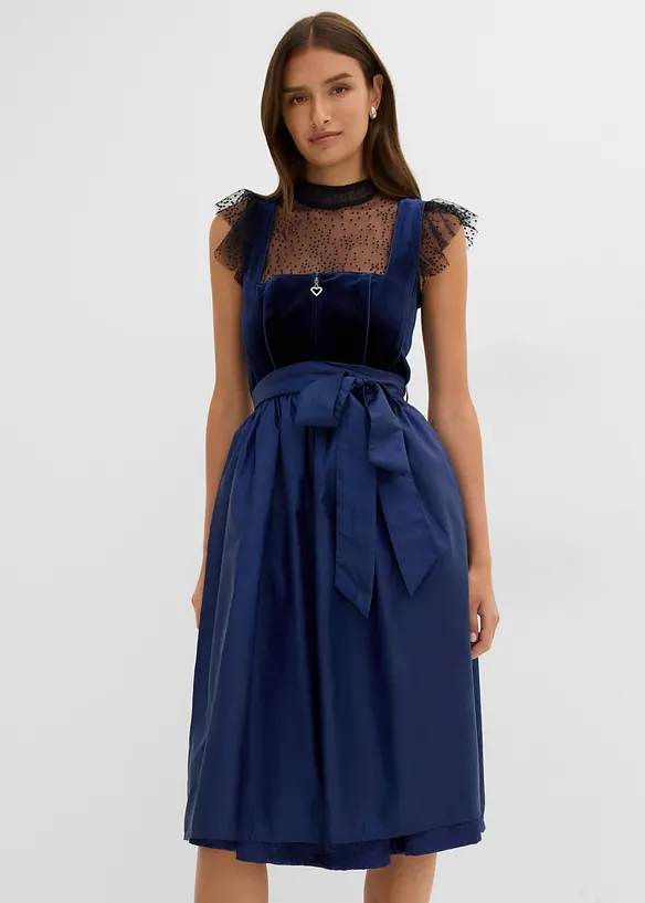 Dirndl mit Samt in Midilänge (2-tlg.Set) in blau von vorne (Totalaufnahme) - bonprix
