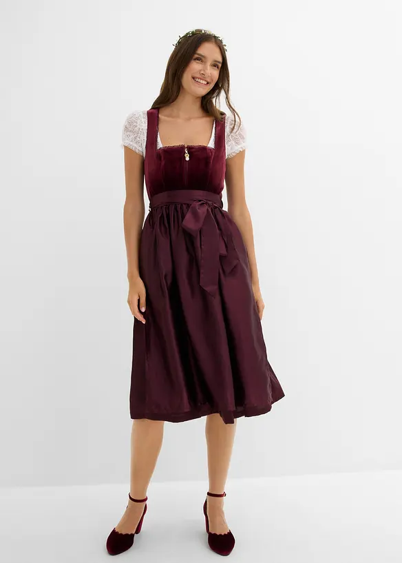 Dirndl mit Samt in Midilänge (2-tlg.Set) in rot von vorne (Totalaufnahme) - bonprix