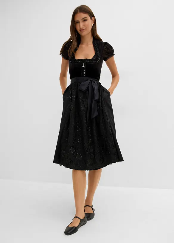 Dirndl mit Samtrock (2-tlg.Set) in schwarz von vorne (Totalaufnahme) - bonprix