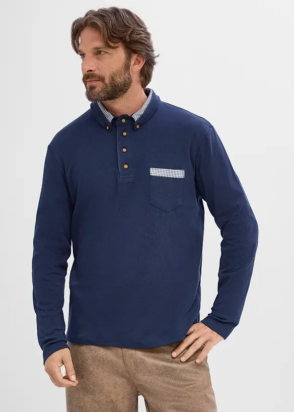 Poloshirt aus reiner Baumwolle mit karierten Details in blau von vorne (im Anschnitt) - bonprix