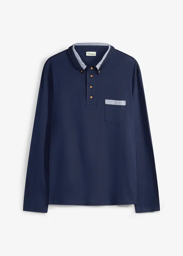 Poloshirt aus reiner Baumwolle mit karierten Details in blau von vorne - bonprix