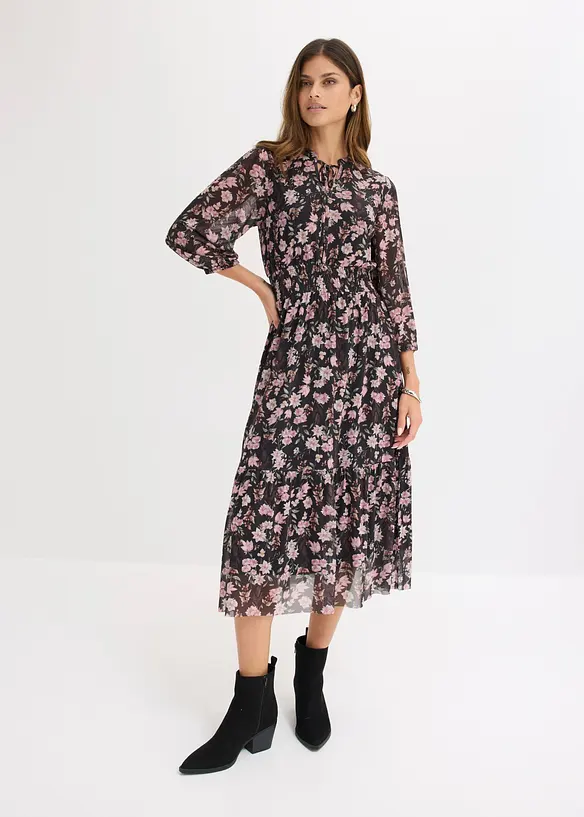 Midikleid aus feinem Mesh in schwarz von vorne (Totalaufnahme) - bonprix