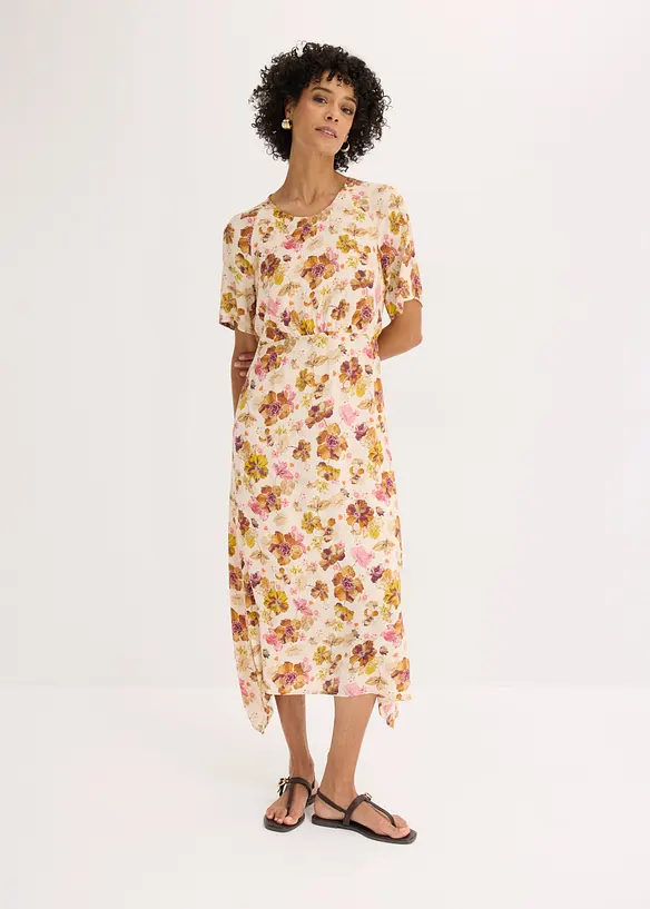 Kleid aus strukturiertem Viskose-Crepe in beige von vorne (Totalaufnahme) - bonprix Kleid aus strukturiertem Viskose-Crepe in beige von vorne (Totalaufnahme) - bonprix