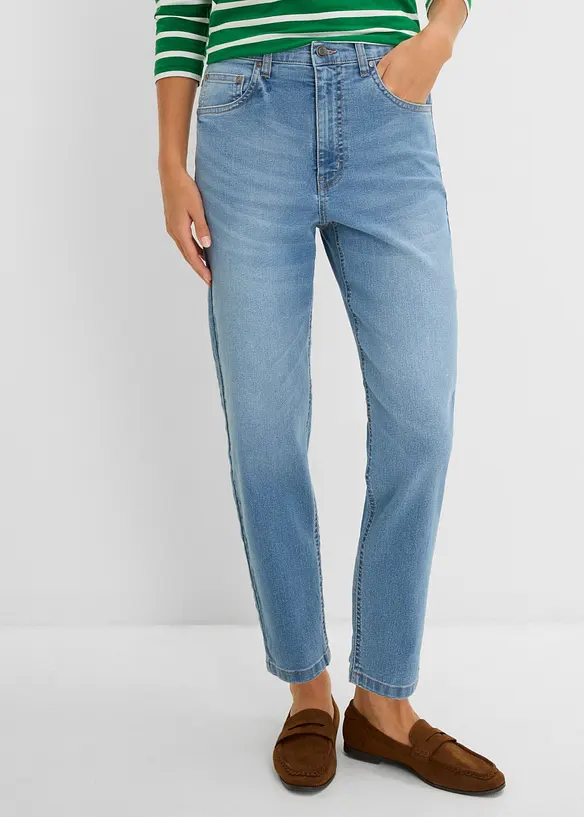 Mom-Jeans High Waist cropped in blau von vorne - bonprix Mom-Jeans High Waist cropped in blau von vorne - bonprix
