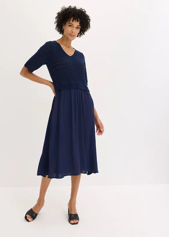 Kleid mit integriertem Ajourstrick-Oberteil in blau von vorne (Totalaufnahme) - bonprix Kleid mit integriertem Ajourstrick-Oberteil in blau von vorne (Totalaufnahme) - bonprix