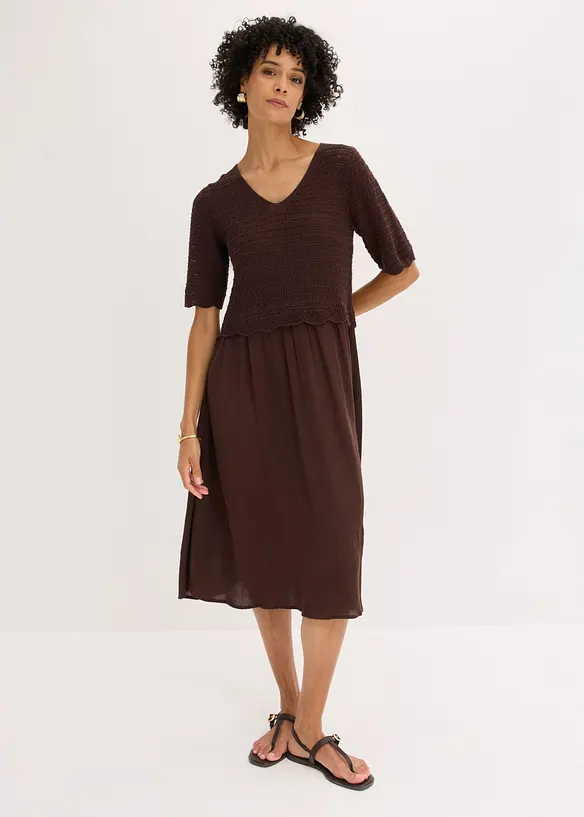 Kleid mit integriertem Ajourstrick-Oberteil in braun von vorne (Totalaufnahme) - bonprix Kleid mit integriertem Ajourstrick-Oberteil in braun von vorne (Totalaufnahme) - bonprix