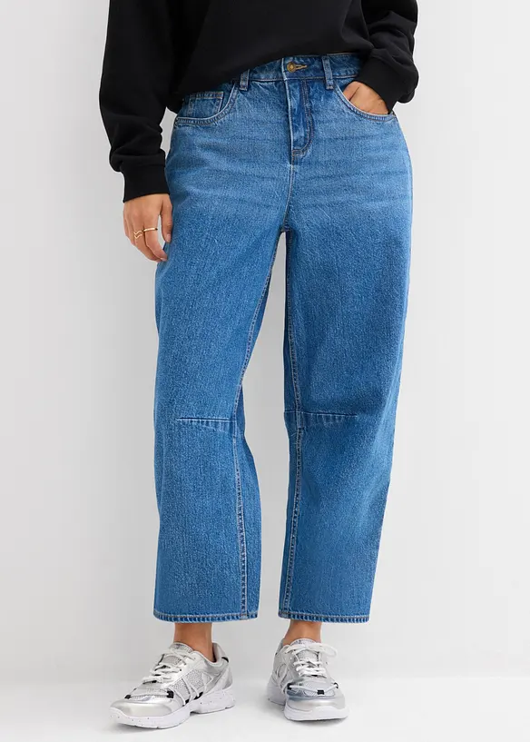Barrel-Jeans Mid Waist in blau von vorne - bonprix