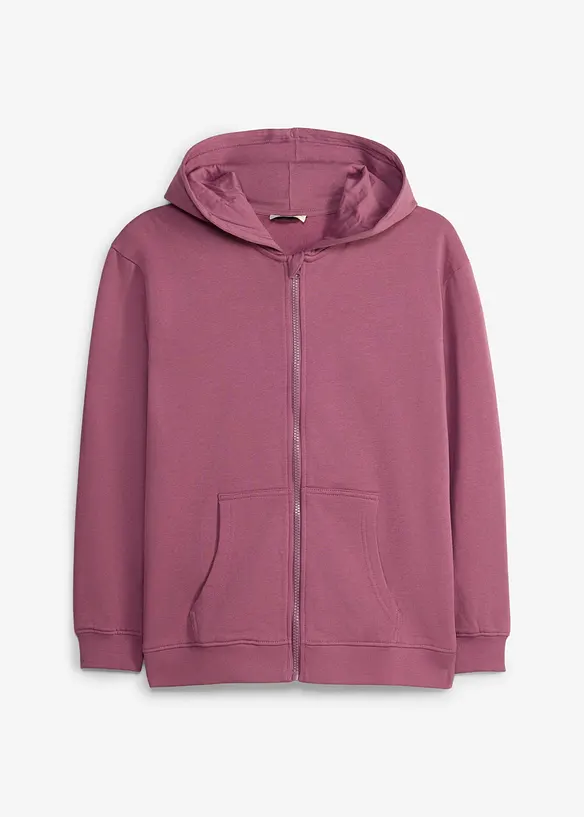 Kapuzen-Sweatjacke aus weichem Bio-Baumwoll-Mix in lila von vorne - bonprix