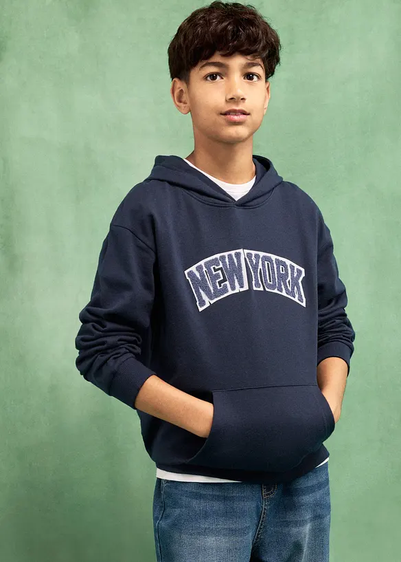 Hoodie aus reiner Baumwolle in blau von vorne (im Anschnitt) - bonprix
