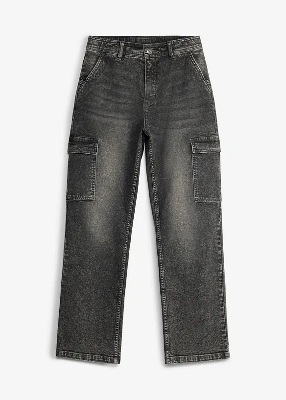 Weite Cargo-Jeans Mid Waist in grau von vorne - bonprix