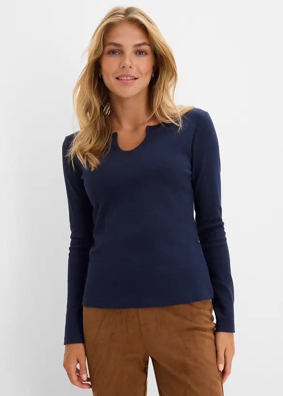 Kurzes Rippshirt mit reiner Bio-Baumwolle in blau von vorne (im Anschnitt) - bonprix Kurzes Rippshirt mit reiner Bio-Baumwolle in blau von vorne (im Anschnitt) - bonprix