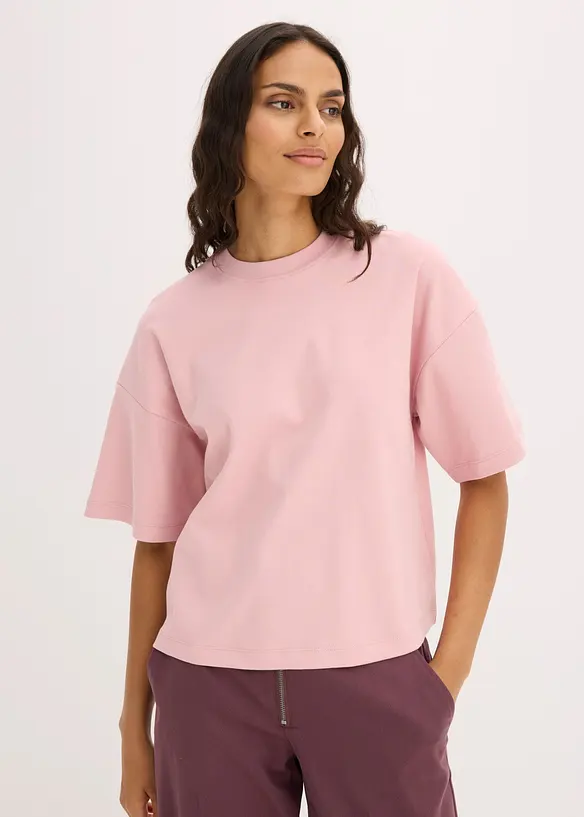 Kurzes Oversize-Shirt aus reiner schwerer Bio-Baumwolle in rosa von vorne (im Anschnitt) - bonprix