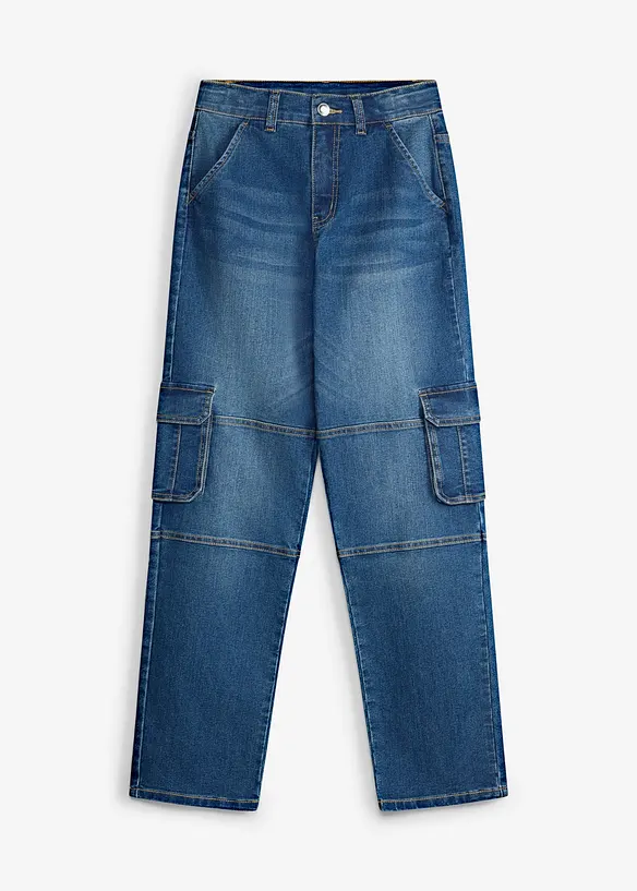 Loose-Fit-Cargojeans mit verstellbarem Bund, Straight in blau von vorne - bonprix