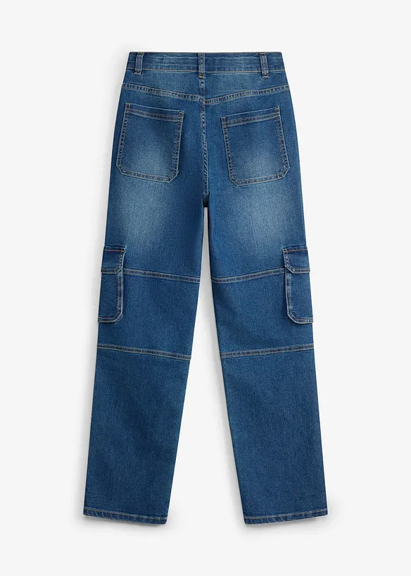 Loose-Fit-Cargojeans mit verstellbarem Bund, Straight in blau von hinten - bonprix