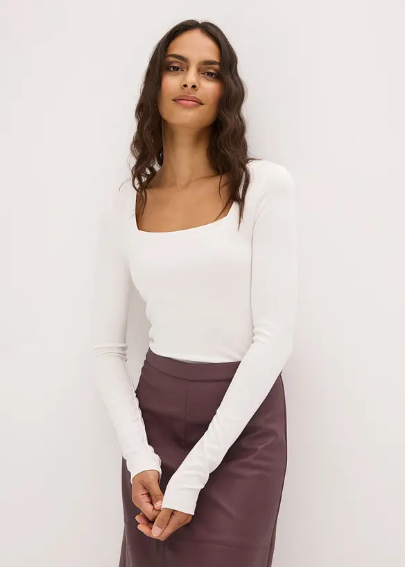Langarmshirt mit Carré-Ausschnitt in weiß von vorne (im Anschnitt) - bonprix