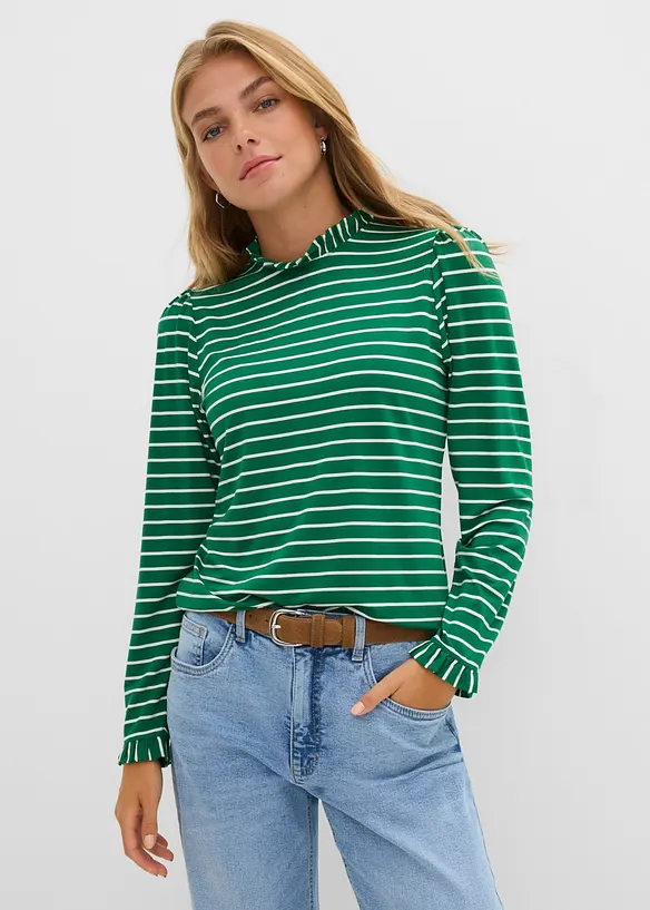Langarmshirt mit Rüschen in grün von vorne (im Anschnitt) - bonprix