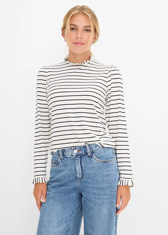 Langarmshirt mit Rüschen in weiß von vorne (im Anschnitt) - bonprix