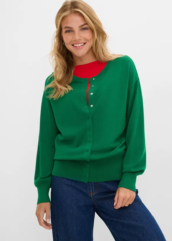 Feinstrickjacke aus softem Viskose-Mix in grün von vorne (im Anschnitt) - bonprix