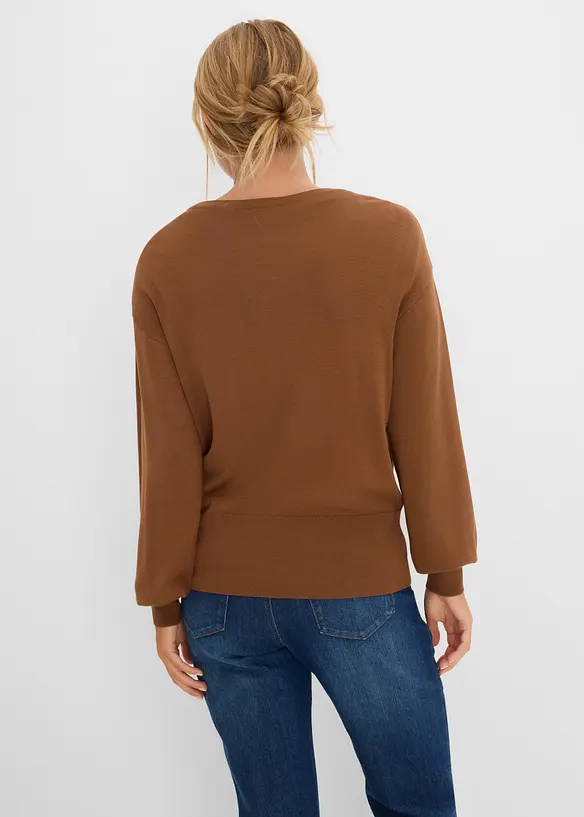 Feinstrickjacke aus softem Viskose-Mix in braun von hinten (im Anschnitt) - bonprix