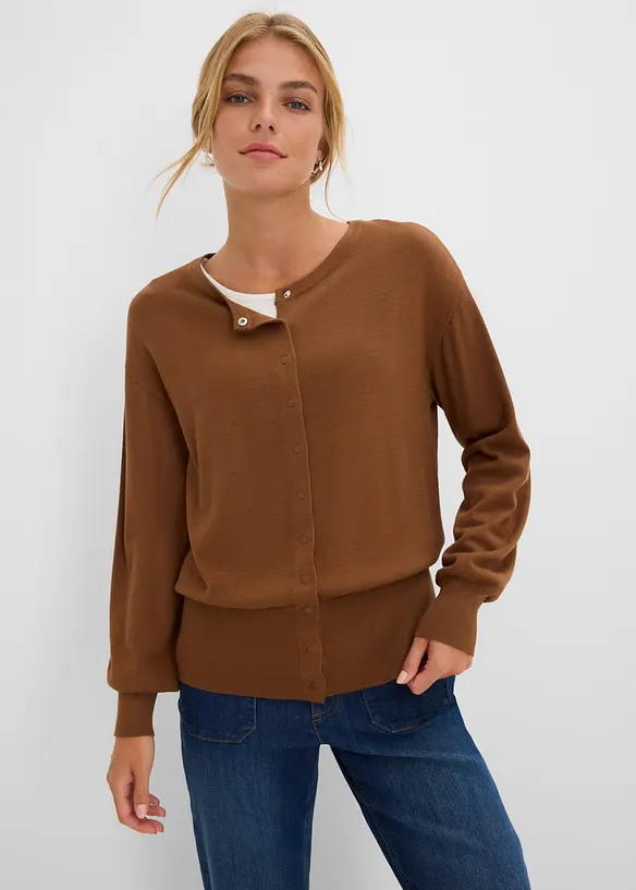 Feinstrickjacke aus softem Viskose-Mix in braun von vorne (im Anschnitt) - bonprix