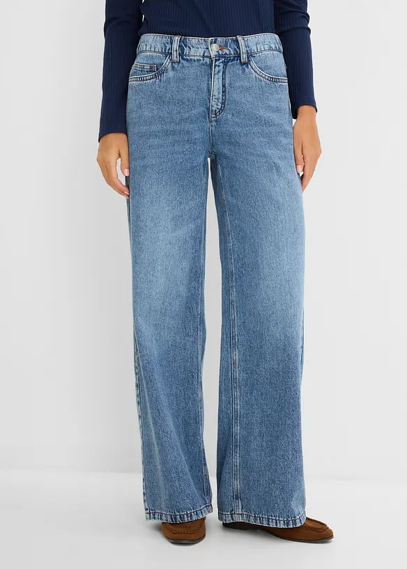 Leichte Wide-Leg-Jeans Mid Waist in blau von vorne - bonprix