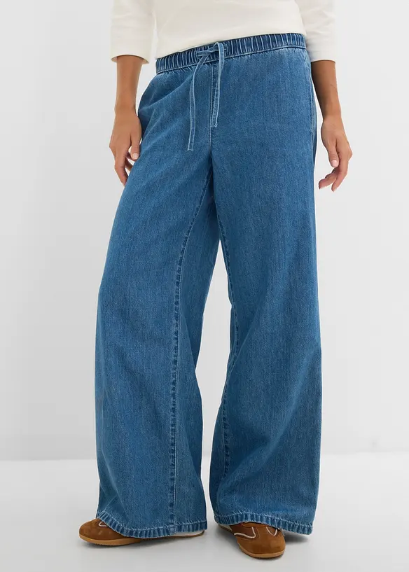 Leichte Wide-Leg-Jeans Mid Waist in blau von vorne - bonprix