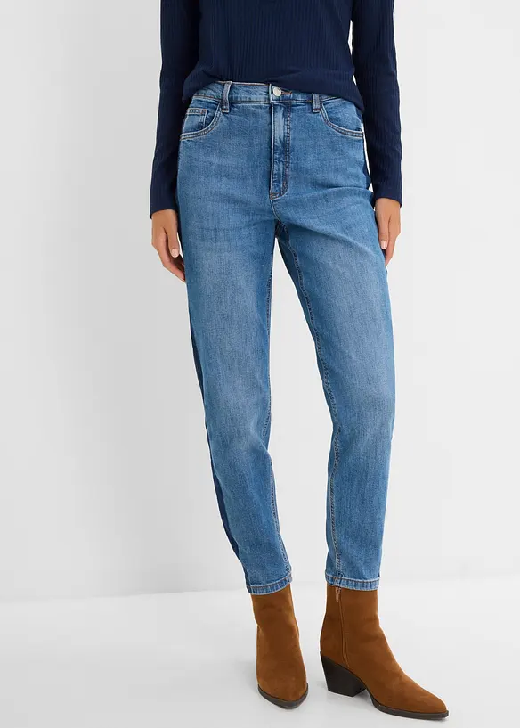 Mom-Jeans High Waist cropped in blau von vorne - bonprix Mom-Jeans High Waist cropped in blau von vorne - bonprix