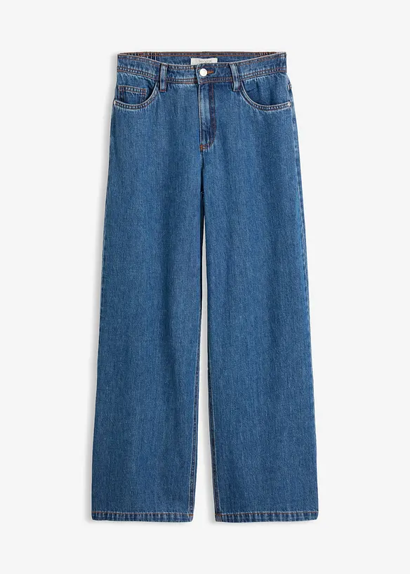 Leichte Wide-Leg-Jeans Mid Waist cropped in blau von vorne - bonprix