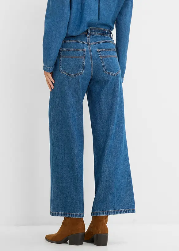 Leichte Wide-Leg-Jeans Mid Waist cropped in blau von hinten - bonprix
