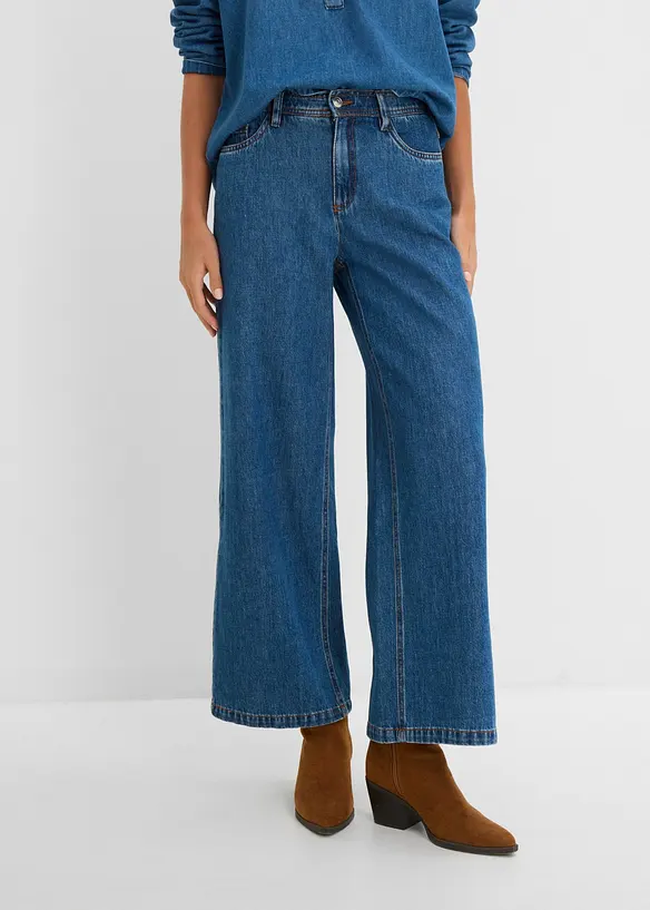 Leichte Wide-Leg-Jeans Mid Waist cropped in blau von vorne - bonprix