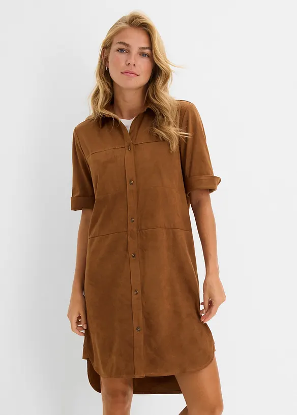 Hemdblusenkleid in Velourslederimitat in braun von vorne (Totalaufnahme) - bonprix Hemdblusenkleid in Velourslederimitat in braun von vorne (Totalaufnahme) - bonprix